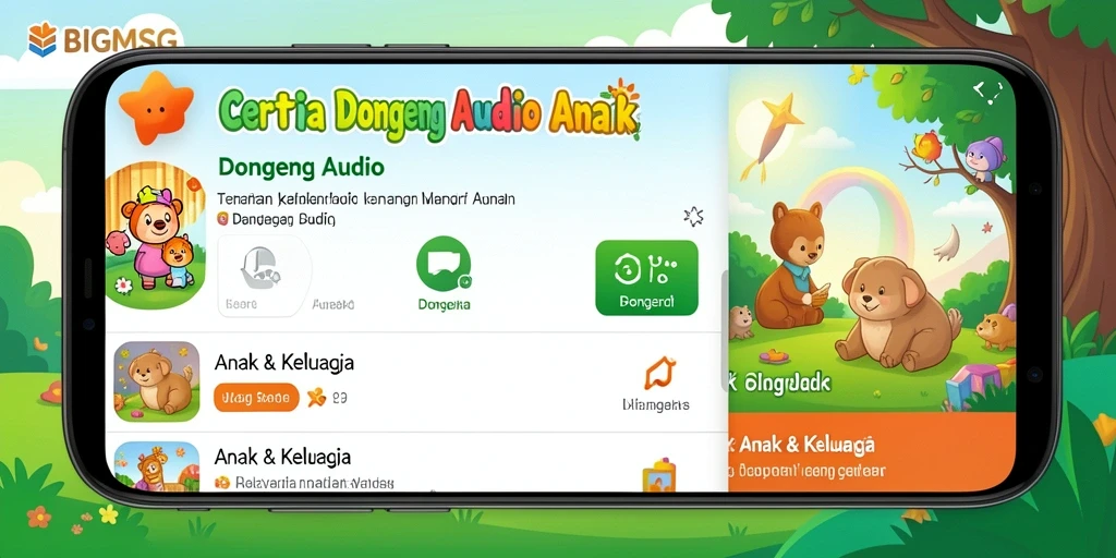 Tampilan antarmuka aplikasi BIGMSG dengan berbagai pilihan dongeng audio.