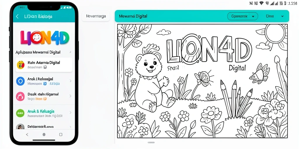 Antarmuka LION4D menampilkan berbagai gambar mewarnai yang menarik dan cerah.