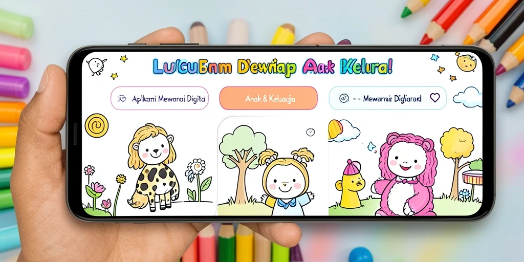 Tampilan screenshot aplikasi LUCUBET menunjukkan anak-anak mewarnai dengan gambar ceria.