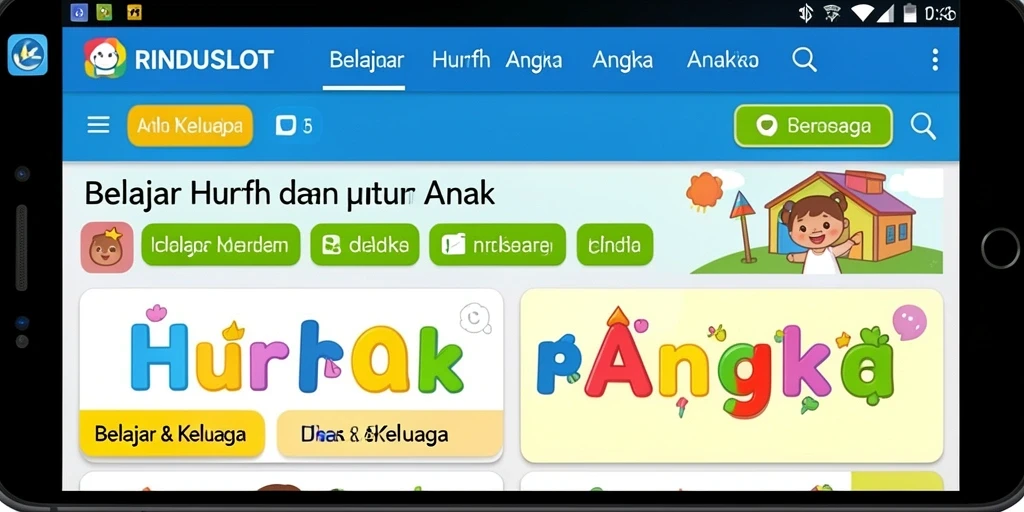 Antarmuka RINDUSLOT yang ceria dan interaktif untuk belajar huruf dan angka.